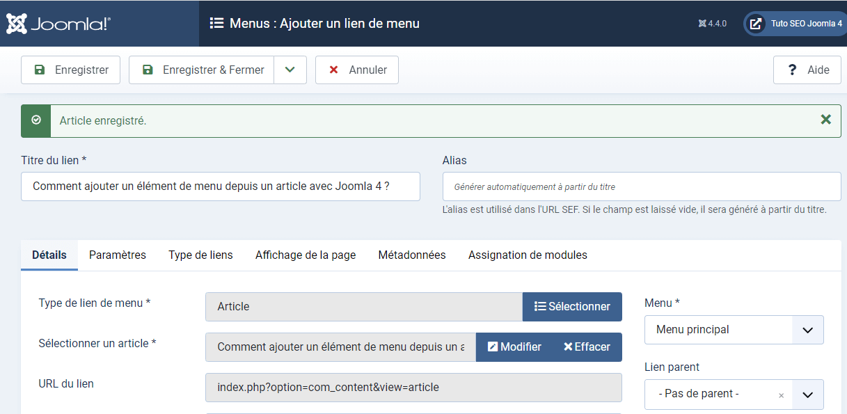 tutoriel joomla 4 ajouter un lien de menu dans un article 2