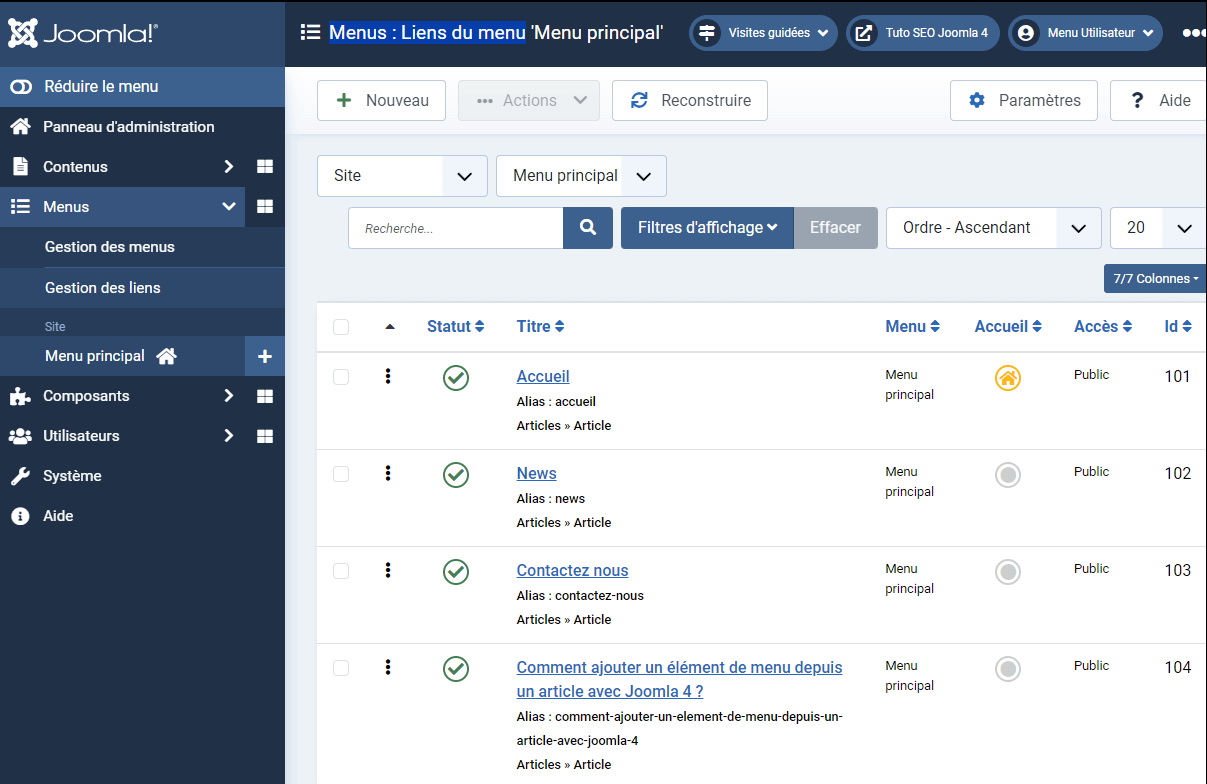 tutoriel joomla 4 ajouter un lien de menu dans un article 3