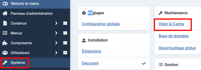vider le cache de Joomla 4