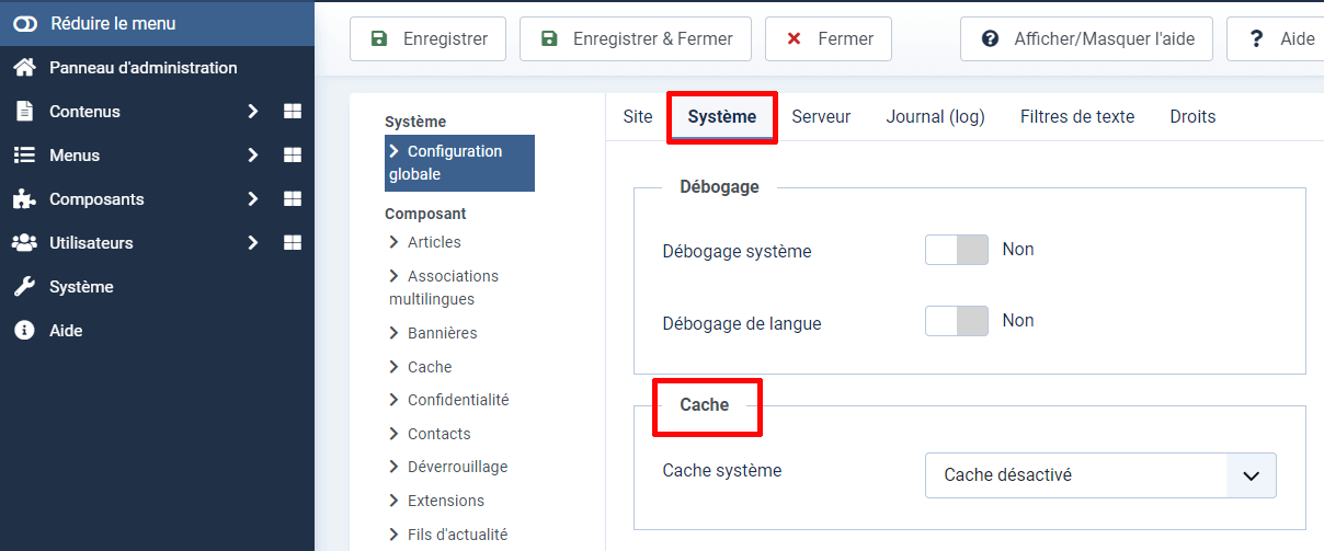 Activer le cache de joomla 4 