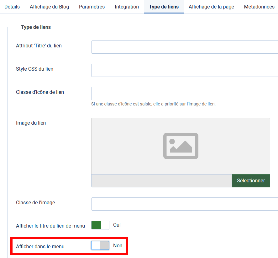 cacher le lien de menu joomla 4