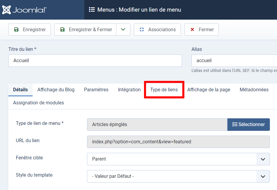 type de lien de menu joomla 4
