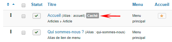 Élément de menu caché dans la liste des items de menu