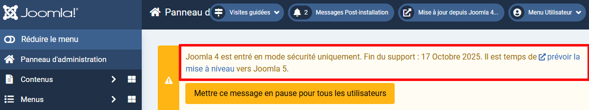 page administration joomla notification de mise a jour joomla 5