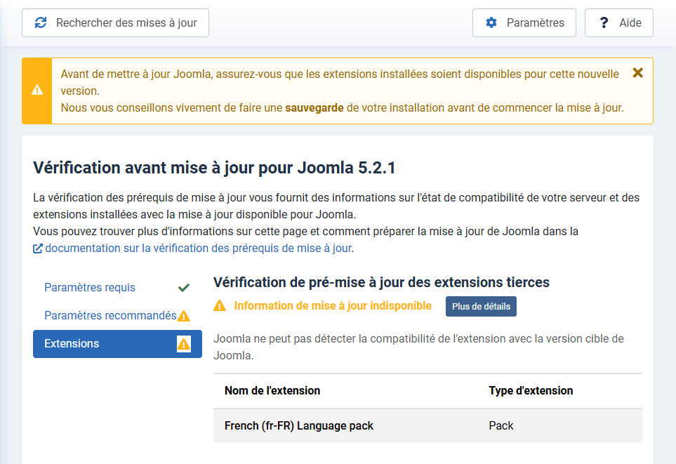 verification avant mise a jour joomla 5